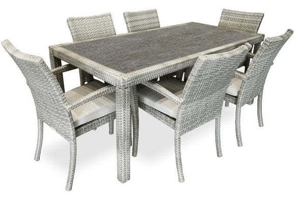 CIRO STONE 6 PLACE OUTDOOR DINING TABLE WITH SLATE GREY STONE LOOKING GLASS TOP