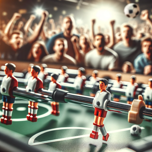 Foosball Table scene with a focus on miniature players, capturing the excitement and energy of the game