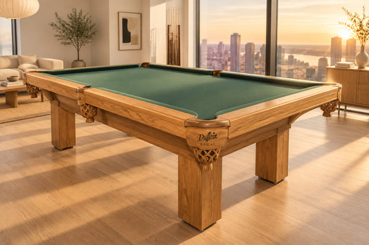 8 FT PRE-OWNED DUFFERIN REGAL SNOOKER TABLE – LIGHT OAK, INSTALLED WITH ACCESSORIES