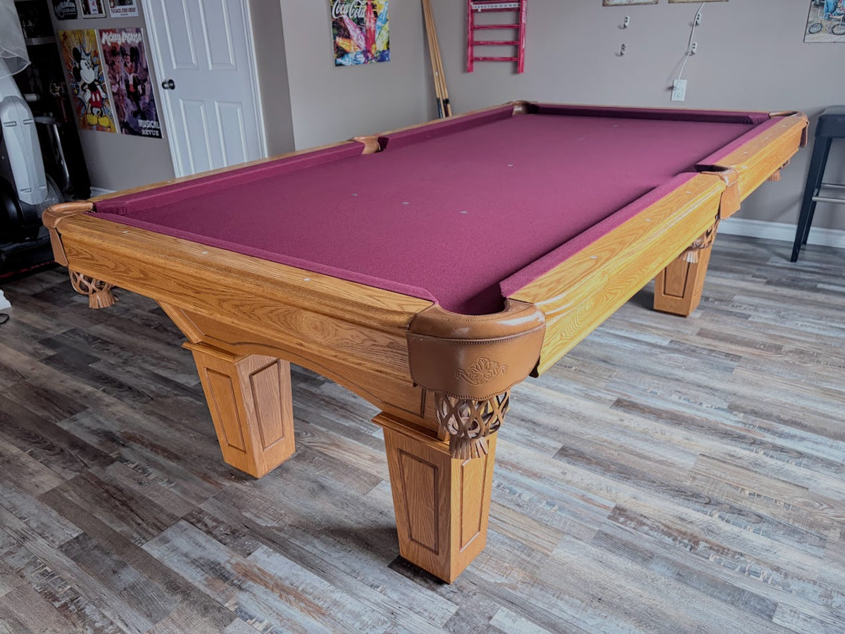 8 FT PRE-OWNED SLATE POOL TABLE – LIGHT OAK, INSTALLED WITH ACCESSORIES