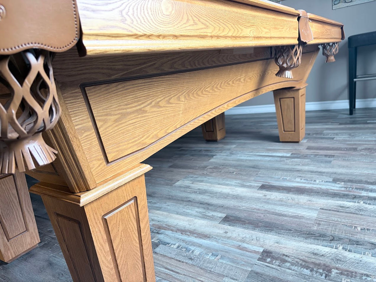 8 FT PRE-OWNED SLATE POOL TABLE – LIGHT OAK, INSTALLED WITH ACCESSORIES