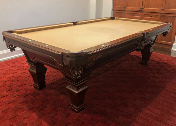 8 FOOT PREOWNED SOLID WOOD POOL TABLE INSTALLED WITH ACCESSORIES