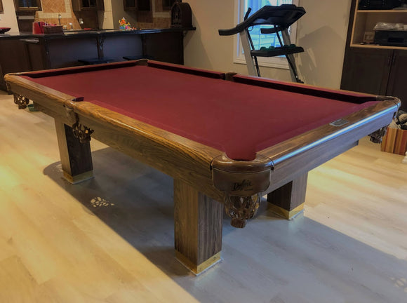 8' PREOWNED DUFFERIN ROYAL POOL TABLE INSTALLED WITH ACCESSORIES. WALNUT FINISH