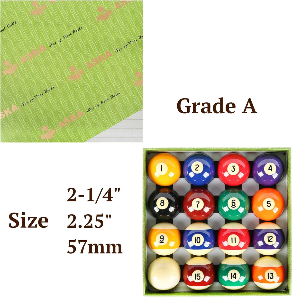 ASKA BILLIARDS POOL BOSTON NUMBERED BALLS SET, 16 BALLS INCLUDING A CUE BALL, 2 1/4 INCH