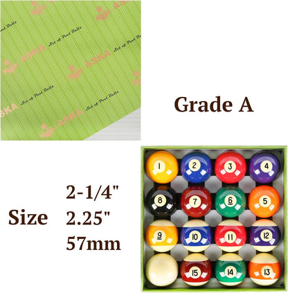 ASKA BILLIARDS POOL BOSTON NUMBERED BALLS SET, 16 BALLS INCLUDING A CUE BALL, 2 1/4 INCH