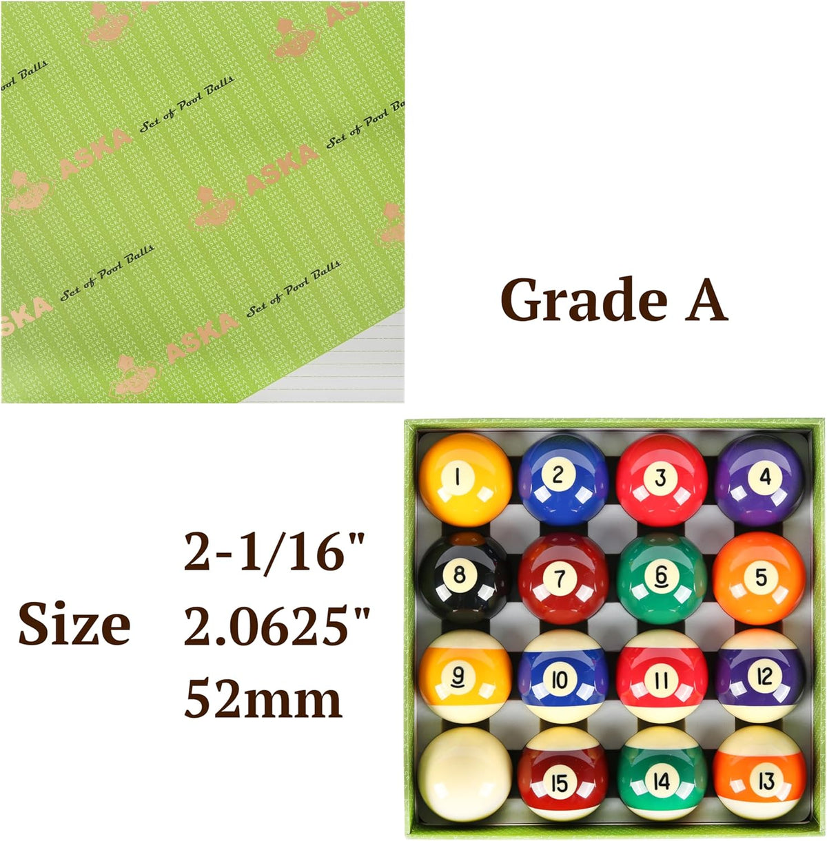 ASKA Billiards Boston Numbered Pool Balls Set – 2 1/16", 16-Piece