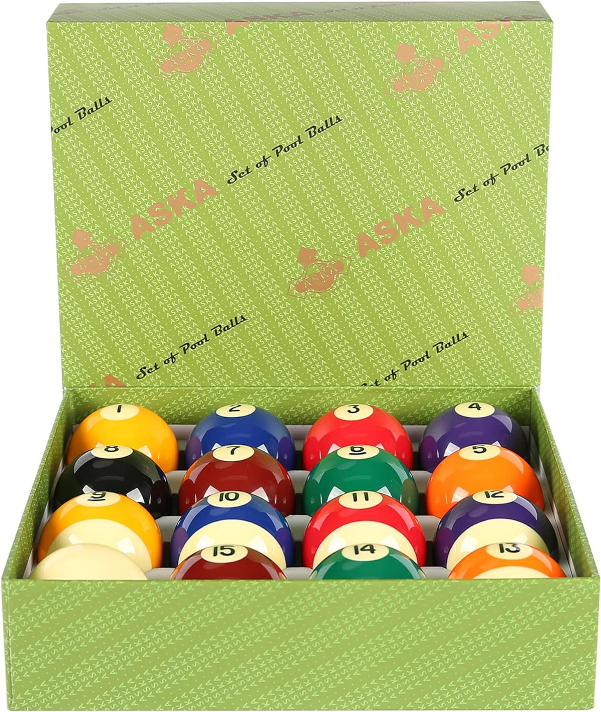 ASKA BILLIARDS POOL BOSTON NUMBERED BALLS SET, 16 BALLS INCLUDING A CUE BALL, 2 1/4 INCH