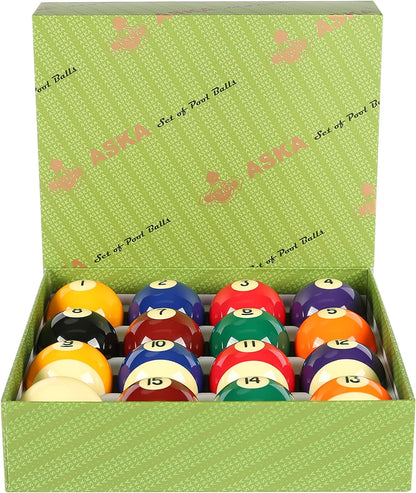 ASKA BILLIARDS POOL BOSTON NUMBERED BALLS SET, 16 BALLS INCLUDING A CUE BALL, 2 1/4 INCH