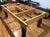 9 FOOT PREOWNED DUFFERIN REGENT POOL TABLE INSTALLED WITH ACCESSORIES SMOKY OAK FINISH
