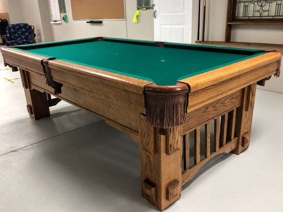 PREOWNED 8' CUSTOM MADE SOLID OAK SLATE POOL TABLE INSTALLED WITH ACCESSORIES