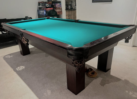 8' PREOWNED DUFFERIN SLATE POOLTABLE INSTALLED WITH ACCESSORIES MAHOGANY FINISH