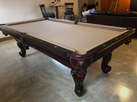 8' PREOWNED  SLATE, SOLID WOOD POOL TABLE INSTALLED WITH ACCESSORIES. DARK WALNUT FINISH