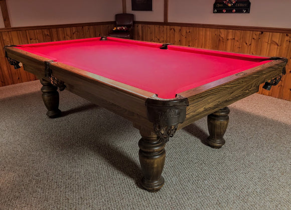 8' PREOWNED DUFFERIN REGAL SLATE SNOOKER/POOL TABLE INSTALLED WITH ACCESSORIES, STATELY OAK FINISH