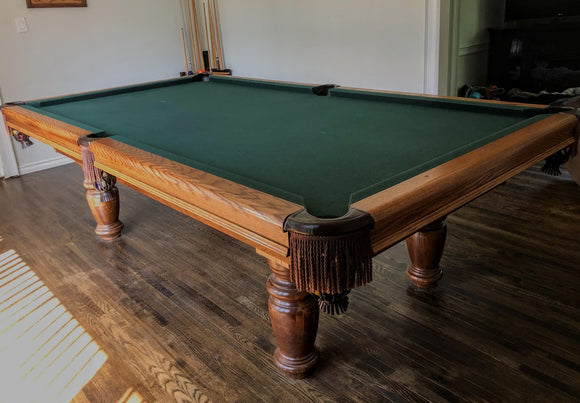 9' PREOWNED DUFFERIN CLASSIC POOL TABLE INSTALLED WITH ACCESSORIES SMOKY OAK FINISH