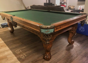 8' PREOWNED DUFFERIN SLATE POOL TABLE INSTALLED WITH ACCESSORIES LIGHT OAK FINISH