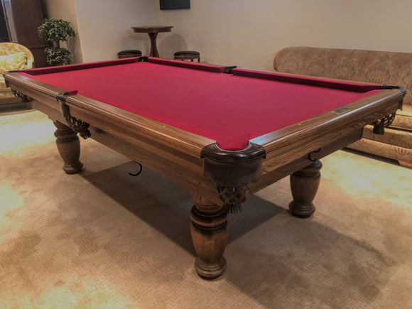 8' PREOWNED DUFFERIN ROYAL POOL TABLE INSTALLED WITH ACCESSORIES. WALNUT FINISH