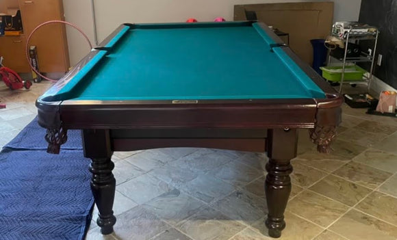 8' PREOWNED DUFFERIN SOLID OAK SLATE POOL TABLE INSTALLED WITH ACCESSORIES, MAHOGANY FINISH