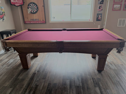 8 FT PRE-OWNED SLATE POOL TABLE – LIGHT OAK, INSTALLED WITH ACCESSORIES