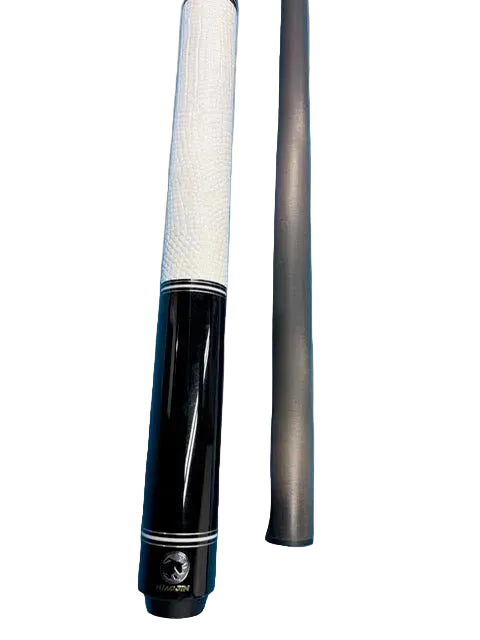 Miaojin logo near the butt of the white carbon fiber pool cue