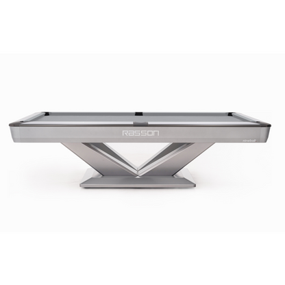 Silver pool table with 'Rasson' branding on a white background