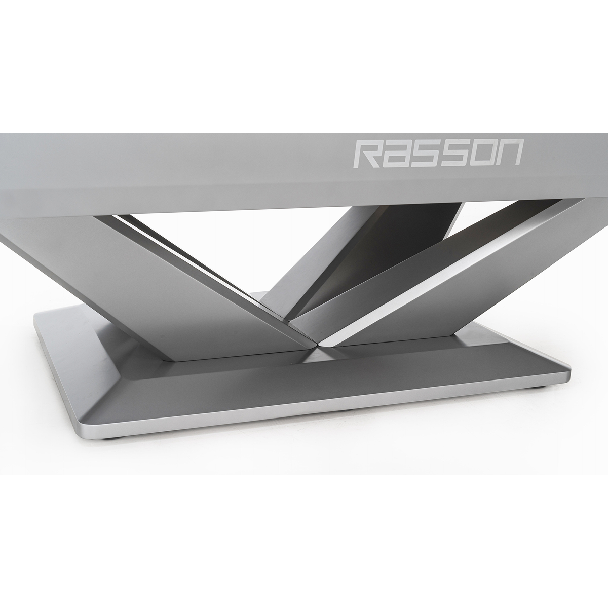 Metallic stand with 'Rasson' branding on a white background