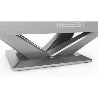 Metallic stand with 'Rasson' branding on a white background