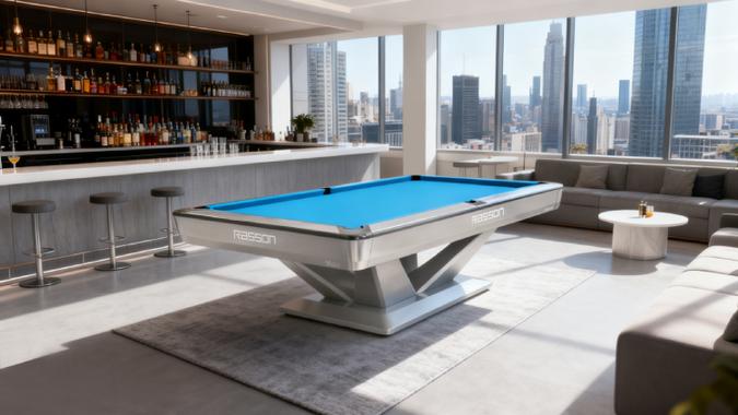 Modern pool table in a stylish room with city skyline view