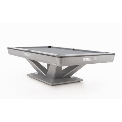 Gray pool table with 'Rasson' branding on a white background
