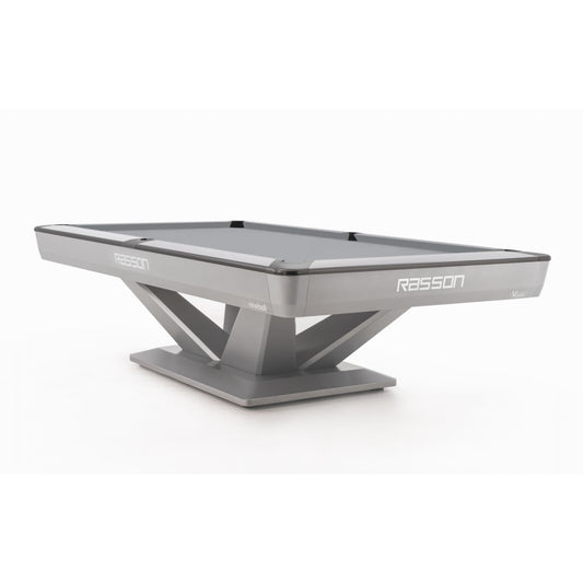 Gray pool table with 'Rasson' branding on a white background