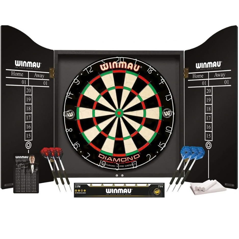 Winmau professional darts set with cabinet and dartboard