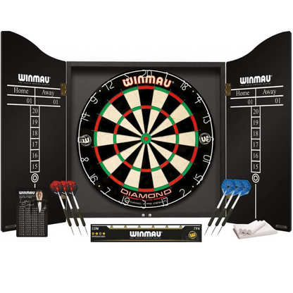 Winmau professional darts set with cabinet and dartboard