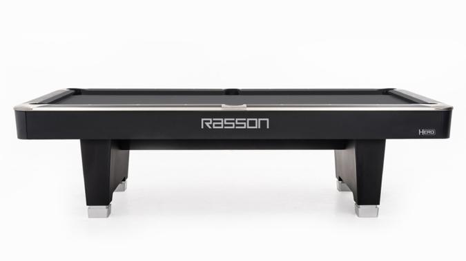 Black pool table with 'Rasson' branding on a white background