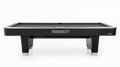 Black pool table with 'Rasson' branding on a white background