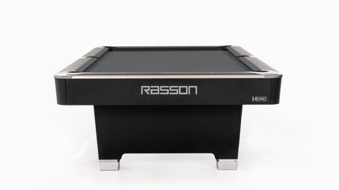 Black pool table with 'Rasson' branding on a white background