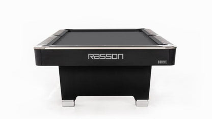 Black pool table with 'Rasson' branding on a white background