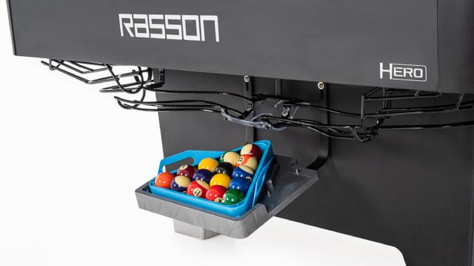 Rasson Hero pool table with a blue pool ball holder containing colorful balls on a white background