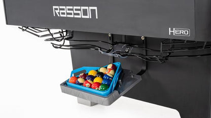 Rasson Hero pool table with a blue pool ball holder containing colorful balls on a white background