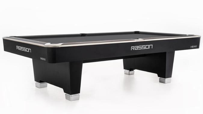 Black pool table with 'Rasson' branding on a white background