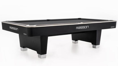 Black pool table with 'Rasson' branding on a white background