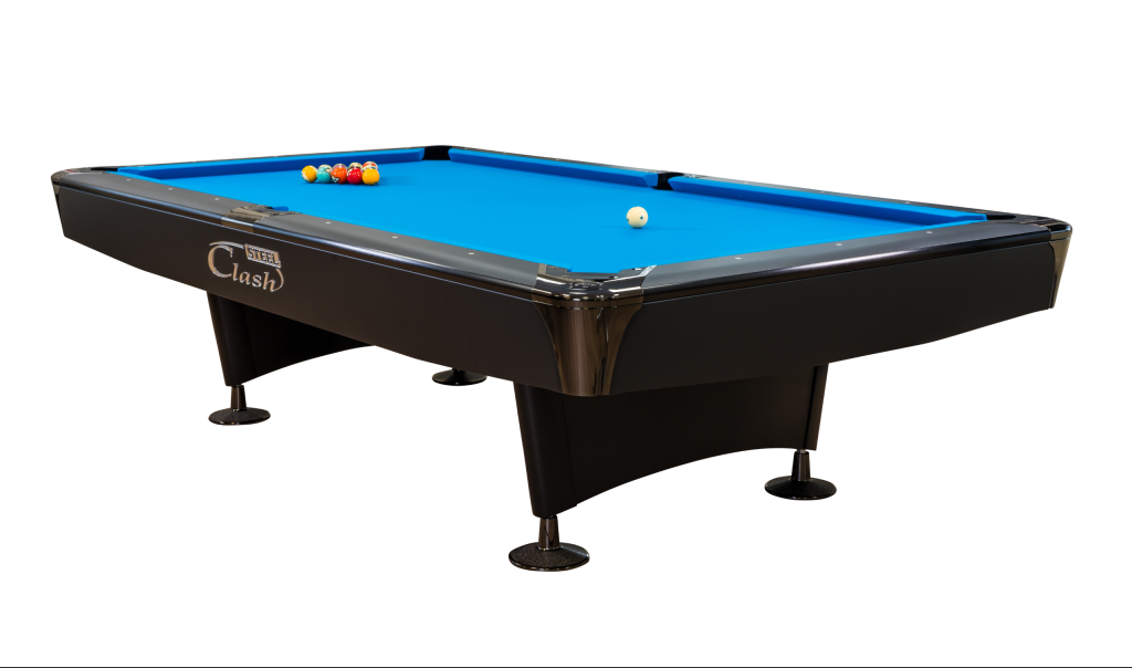 Clash Steel Pro Alumen pool table with blue cloth and Space Black aluminum rails