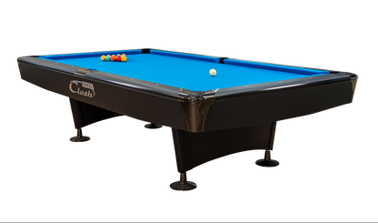 Clash Steel Pro Alumen pool table with blue cloth and Space Black aluminum rails