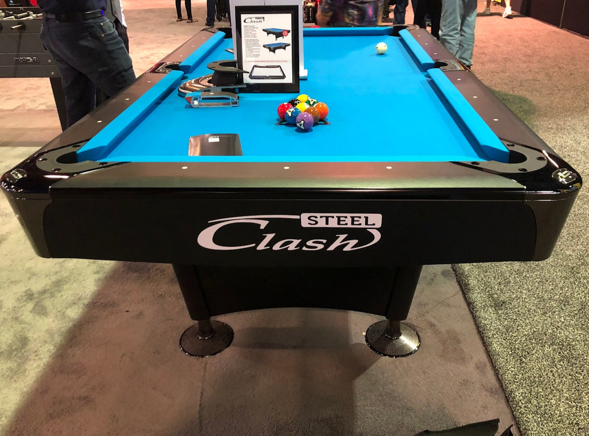 Clash Steele billiard table front view with logo and blue felt
