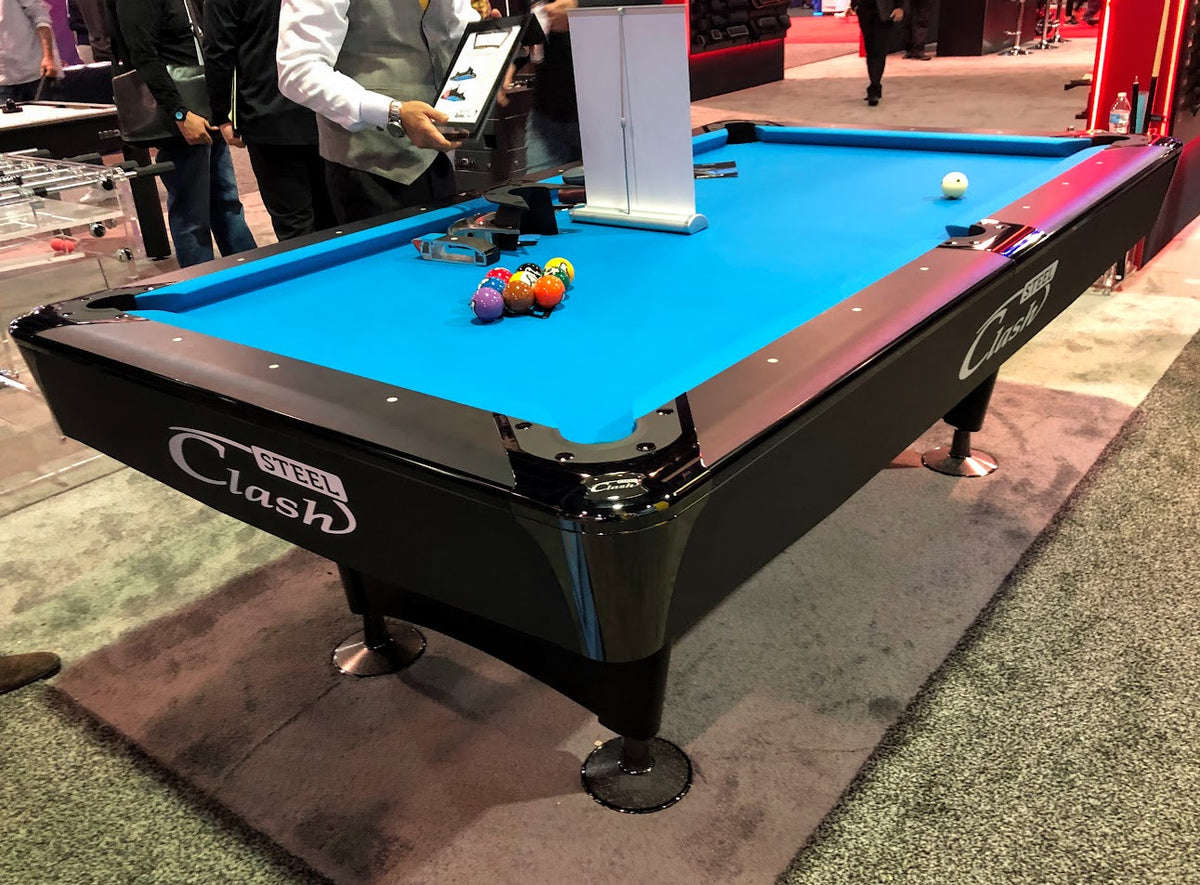 Clash Steele billiard table on a carpet black base and blue felt