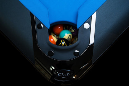 Steel pocket and wood rails of the Clash Steele billiard table