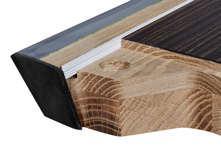 Wood and steel corner of the Clash Steele billiard table