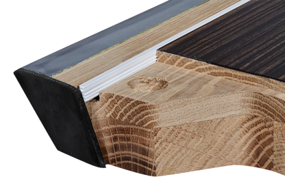 Wood and steel corner of the Clash Steele billiard table
