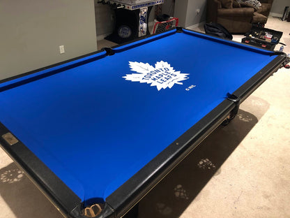 Billiard table with Toronto Maple Leaf custom blue Simonis felt

