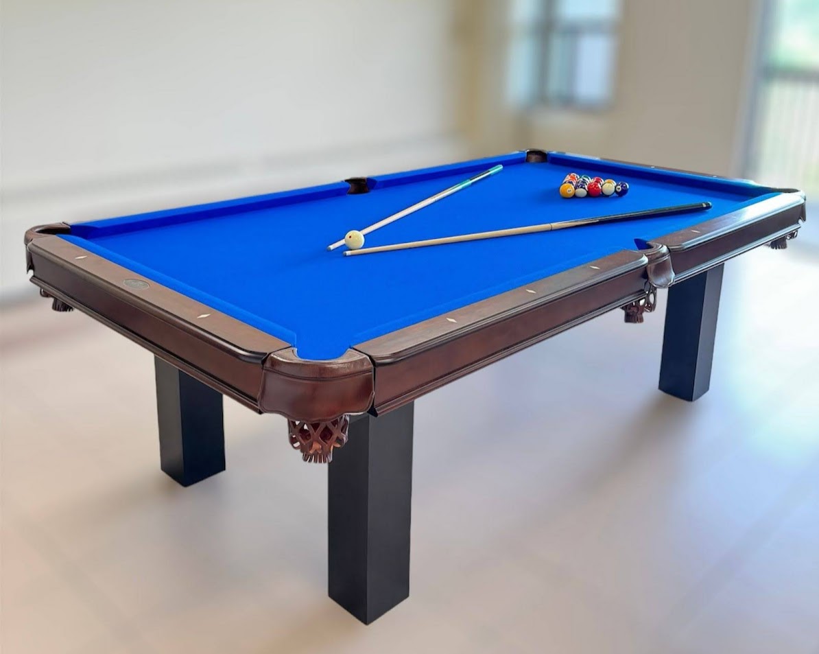 Majestic Orleans 8-foot walnut frame and black legs pool table with leather drop pockets , blue felt and billiard accessories
