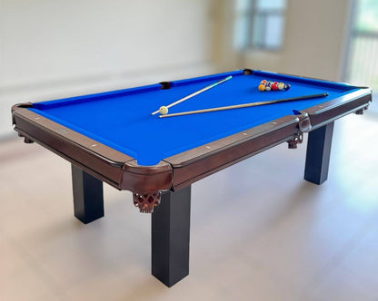 Majestic Orleans 8-foot walnut frame and black legs pool table with leather drop pockets , blue felt and billiard accessories
