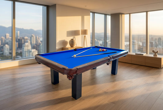 Majestic Orleans 8-foot walnut frame and black legs pool table with leather drop pockets , blue felt and billiard accessories
